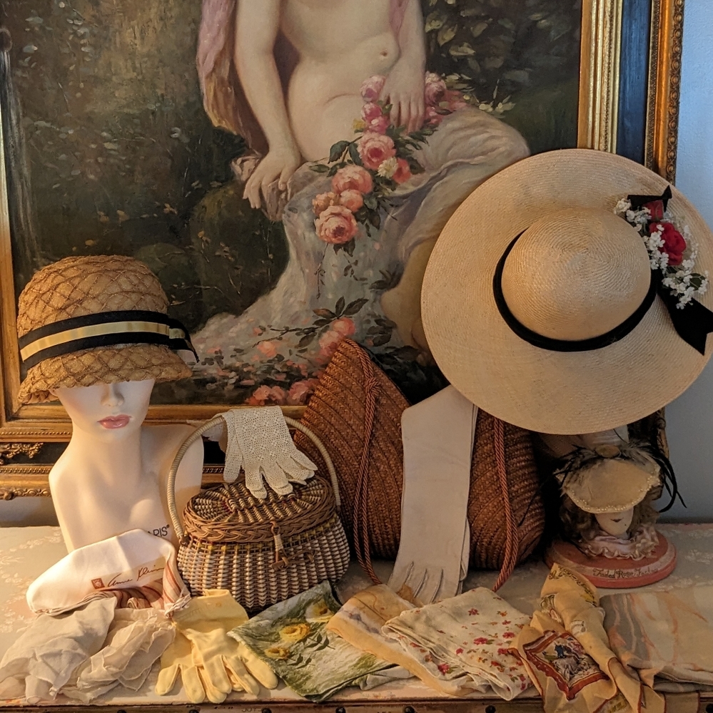 Vintage Straw Accessories Lot 1930s - 60s Hat 3Gloves 8Scarves 2Purses
